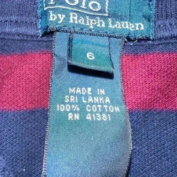 VINTAGE Ralph Lauren Polo Shirt Boy 6 Maroon Navy Striped Graphic Print Rugby - Picture 3 of 3